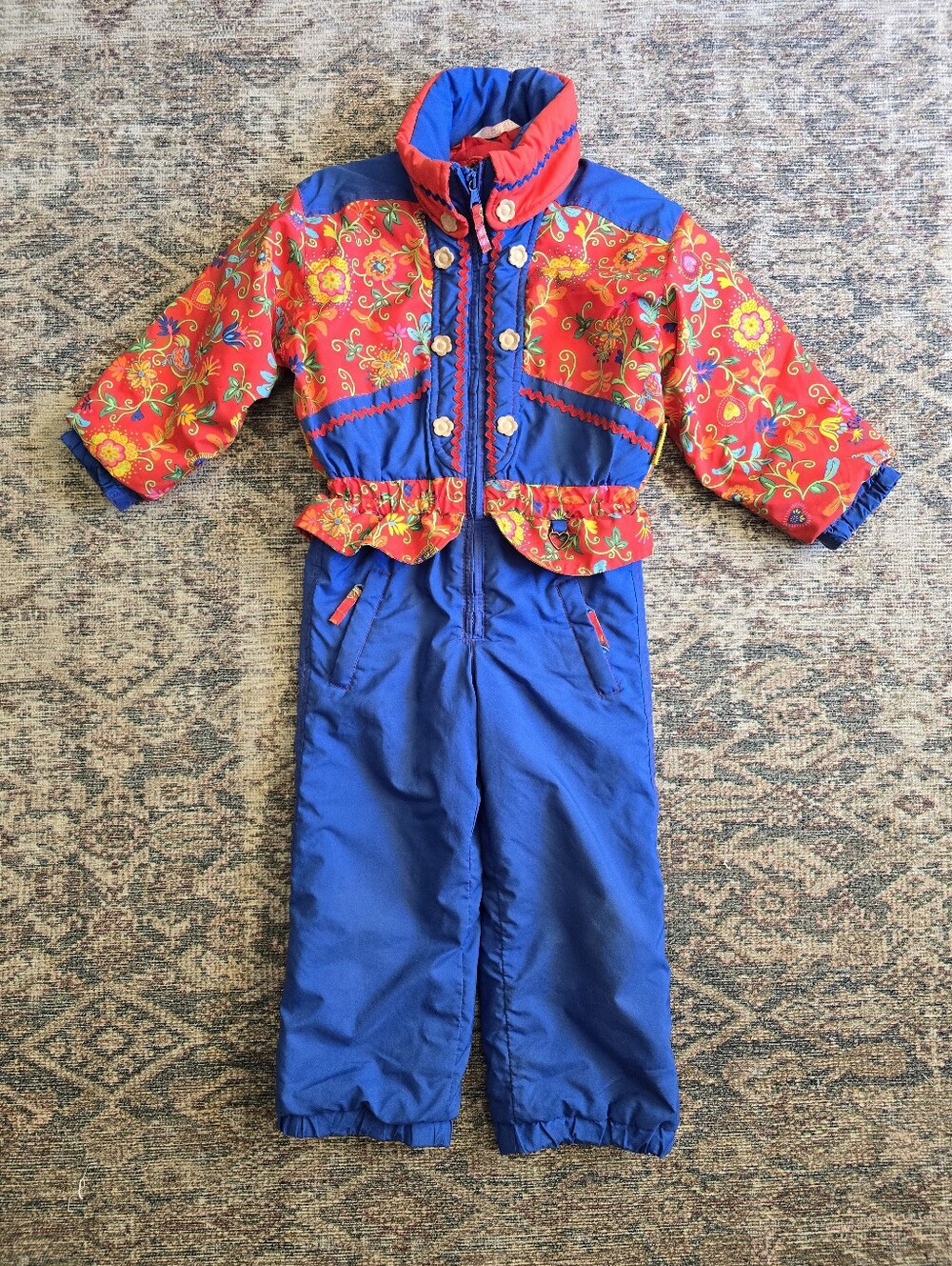 Vtg 90s Obermeyer Preschool Snowsuit Ski Suit Blue Red Floral Girls 4T